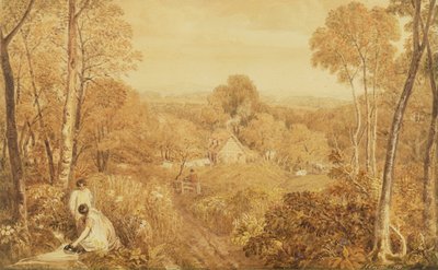 Zalesněná krajina s chalupami a venkovankami, Hurley, Berks, 1818 (wc nad grafitem na papíře) od Joshua Cristall