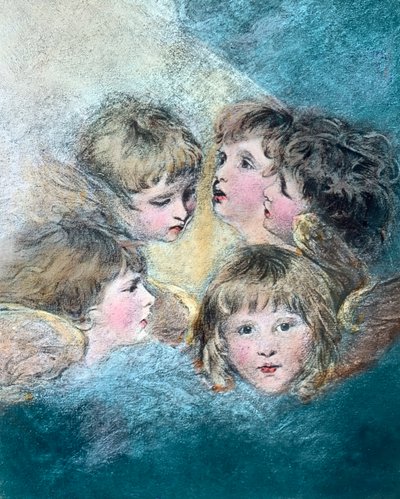 Andělské hlavy - studie dětského portrétu v různých pohledech. Olejomalba anglického malíře sira Joshuy Reynoldse (1723-1792) z let 1786/1787. Datace obrazu: kolem roku 1910. Archiv Carla Simona od Joshua Reynolds