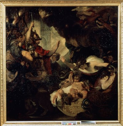 Dítě Herkules škrtící hady Mezi zastoupenými postavami: věštec Tiresias (vlevo) a bohyně Juno (Hera) s pávy (vpravo nahoře). Obraz sira Joshuy Reynoldse (1732-1792) od Joshua Reynolds