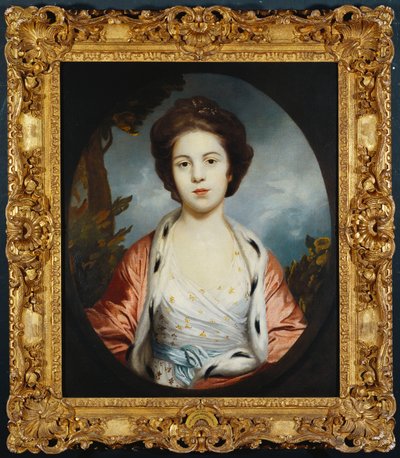 Portrét Esther, Lady Wray, na sobě bílé šaty, zlatý a růžový plášť lemovaný hermelínem, krajina za nimi od Joshua Reynolds