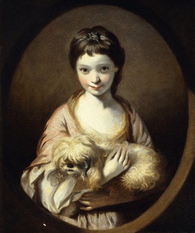 Portrét slečny Emilie Vansittartové, poloviční délka, na sobě růžovobílé šaty se psem, cca 1767-68 od Joshua Reynolds