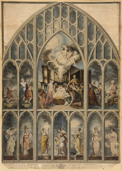 Reynoldsovo okno zobrazující Sedm ctností (ručně kolorovaná rytina) od Joshua Reynolds