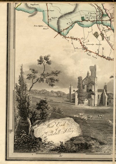 D1, Cleckheaton  rytina západního konce opatství Kirkstall Abbey od Joshua Thorp