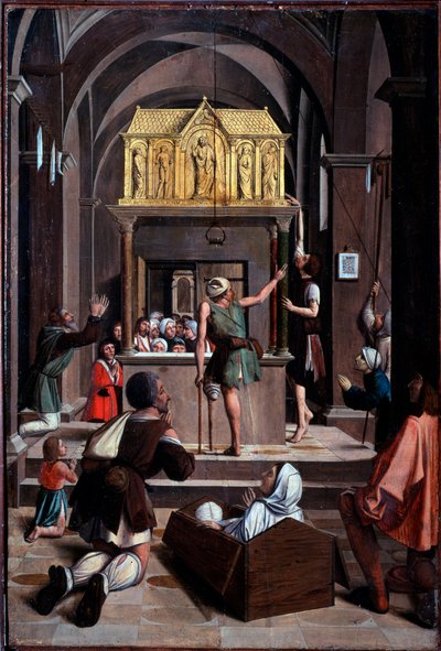 Život svatého Šebestiána: poutníci na hrobě svatého Šebestiána - olej na dřevě od Josse (fl.1493 1508) Lieferinxe