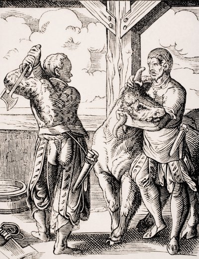 Řezník a jeho asistent, reprodukce rytiny ze 16. století od Josta Ammana (1539-91) z „Le Moyen Age et La Renaissance“ od Paula Lacroixe (1806-84) publikovaná 1847 (litho) od Jost (after) Amman