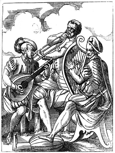 Kytarista, loutnista a hráč na pozoun, 16. století 1849. od Jost Amman