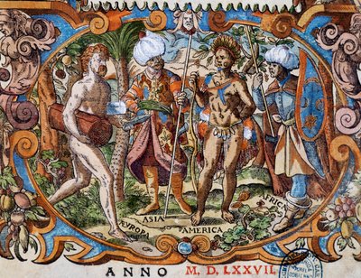 Čtyři kontinenty, detail z titulní strany, rytina Jost Amman (1539-1591) od Jost Amman