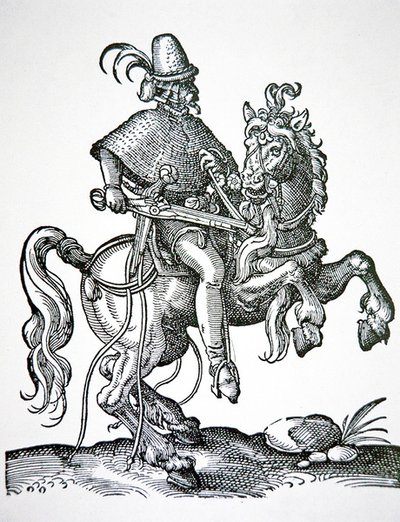Koňský voják s pistolí se zámkem na kolo, ilustrace z 