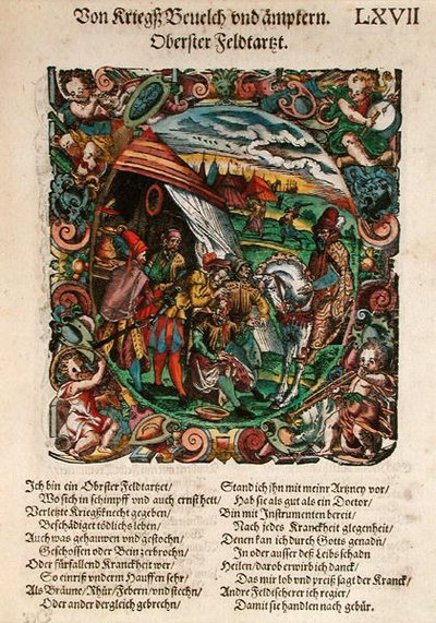 Vojenská chirurgie, z „Válečné knihy třetí díl Schantzenu a opevnění“ od Leonhardta Fronspergera (asi 1520-75) 1573 (barevný dřevoryt) od Jost Amman