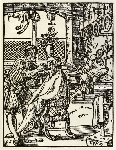 The Barbers ze série zobrazující povolání a řemesla poprvé publikovaná v Das Ständebuch 1568 ve Frankfurtu v Německu od Jost Amman