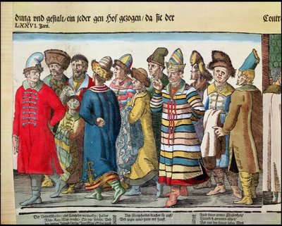Velké velvyslanectví Ivana IV 1530-84 Ruska u císaře Svaté říše římské v Regensburgu v roce 1576 barevný dřevoryt z let 173050 a 88595 od Jost Amman