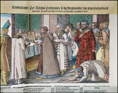 Velké velvyslanectví Ivana IV 1530-84 Ruska u císaře Svaté říše římské v Regensburgu v roce 1576 barevný dřevoryt z let 173050 a 88595 od Jost Amman