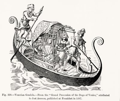 Benátská gondola, z Velkého průvodu benátského dóžete, ilustrace z Vědy a literatury ve středověku a renesanci, napsal a vyryl Paul Lacroix, 1878 ( od Jost (after) Amman