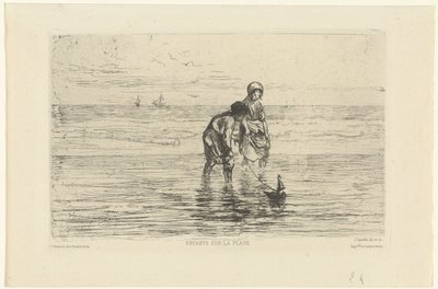 Děti si hrají s lodí na pláži Enfants sur la plage (název na objektu) od Jozef Israëls