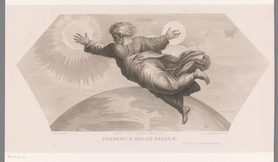 Bůh tvoří slunce a měsíc Fecit duo luminaria magna. gen. I. Fredericae Belgii reginae (název na předmětu) Les loges de Raphaël (...) sujets de la bible (název série) Biblické scény z Raphaelových lóží (název série) od Jozef Karel De Meulemeester