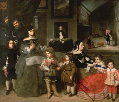The Artists Family, vlevo čtyři děti z prvního manželství umělců s dcerou Diega Velasqueze, Gaspar, Melchior, Baltasar a Maria Teresa; vpravo jeho druhá manželka Francisc od Juan Bautista Martinez Del Mazo