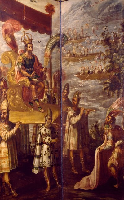 Montezuma, detail ze setkání Cortese a Montezumy, plátno připisované Juanu Correovi (1645-1716), olej na plátně, 250x600 cm od Juan Correa