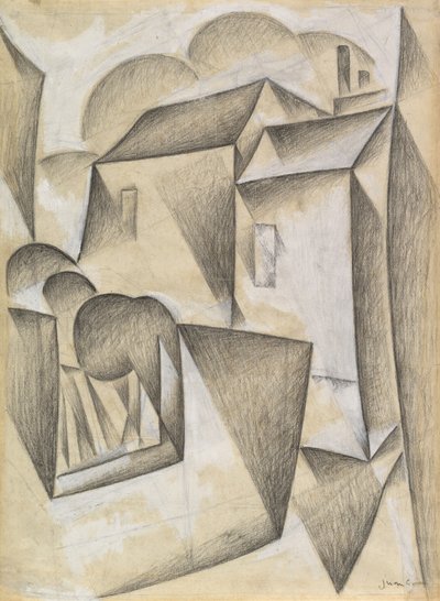 Domy v Paříži, Place Ravignan, 1911 (černá křída a kvaš na bílém papíře) od Juan Gris