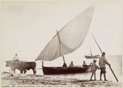 Ossen trekken vissersboot het strand op ve Valencii VALENCE.- Rybářská loď nakreslená na písku. (z přírody) (název na předmětu) od Juan Laurent