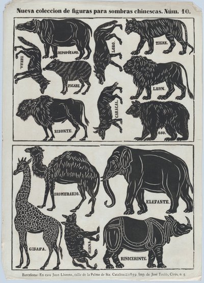 List 10 figurek pro čínské stínové loutky, 1859. od Juan Llorens