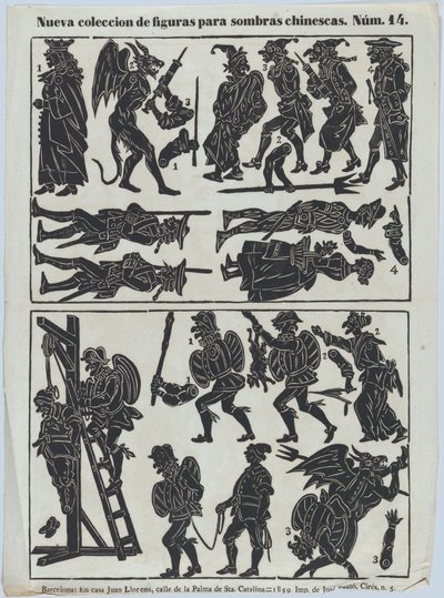 List 14 figurek pro čínské stínové loutky, 1859. od Juan Llorens
