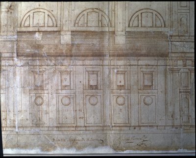 Detail vnějšího průčelí katedrály ve Valladolidu na náměstí Santa María (kresba) od Juan de Herrera