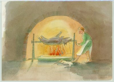 Středověký plivanec, který v kuchyni otáčí rožněm, 2004. od Judith Dobie