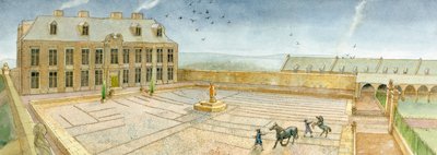 Hodovní síň a předhradí zámku Cholmley v opatství Whitby v roce 1700 (akvarel na papíře) od Judith Dobie