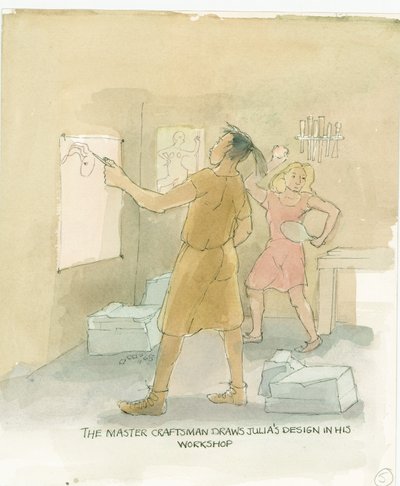 Mistr řemeslník kreslí návrhy pro Juliinu mozaikovou podlahu, 2003. od Judith Dobie