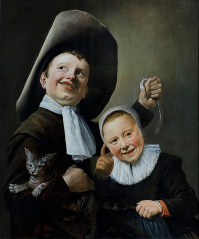 Chlapec a dívka s kočkou a úhořem, asi 1635 (olej na dubovém dřevě) od Judith Leyster
