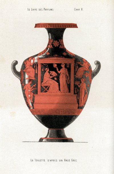 Řecká váza zdobí ženu a toaletu držící krabičku kosmetiky a parfémů za asistence otroka, který mává vějířem od Jules (after) Cheret