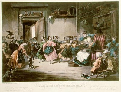 Scéna nepořádku v dívčí škole, polovina devatenáctého století (barevná rytina) od Jules (after) David