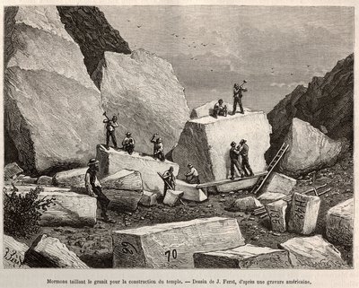 Mormon vyřezává žulu pro stavbu chrámu. Rytina podle kresby J. Ferata, pro ilustraci příběhu La conquete blanche, od Williama Hepwortha Dixona, v roce 1875, publikovaná v „”Le tour du monde”””” 1876, editoval Edouard Charton, vydání Hachette, Paříž od Jules (after) Ferat