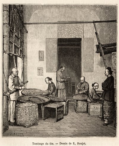 Třídění střelného prachu, třídění granulí proséváním podle jejich velikosti a kvality před posledním sušením, které jim dává jejich vůni, v továrně na střelný prach ve Fati Bay (provincie Kanton), rytina podle kresby J. Ferata illustratin od Jules (after) Ferat