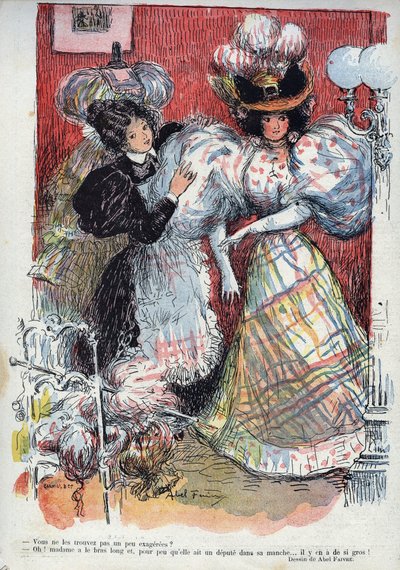 Nemyslíte, že jsou trochu přehnané? Humorná kresba Abela Faivra (1867-1945). ""Smích"", č. 45 1895. - Žena zkouší nové šaty se dvěma velkými rukávy. Žádá o radu svou oblečenou. od Jules Abel Faivre