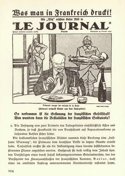 Německá propaganda zobrazující titulní stranu francouzských novin s karikaturou zobrazující premiéra Raymonda Poincareho, jak pojídá děti z Porúří během francouzské okupace regionu od Jules Abel Faivre