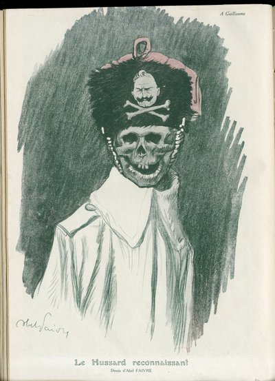 Ilustrace Abel Faivre (1867-1945) ve „“Fantasio“, 01/05/15 – Vděčný husar – válka 14-18, Německo pruské – Vilém II., Žací/soudruh – Smrt, FacesRiantes od Jules Abel Faivre