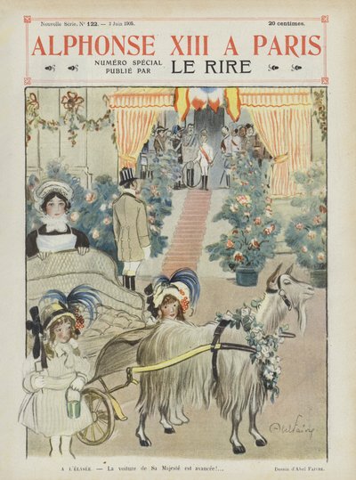 Návštěva španělského krále Alfonse XIII. v Paříži. Ilustrace pro Le Rire od Jules Abel Faivre