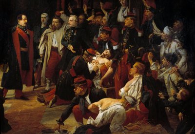 Císař Napoleon III. navštěvuje francouzské, piemontské a rakouské zranění z bitvy u Montebella v sanitkách ve Voghere v květnu 1859 Detail. Obraz Julese Riga (1810-1892) 1859 Paříž, Muzeum Val de Grace od Jules Alfred Vincent Rigo