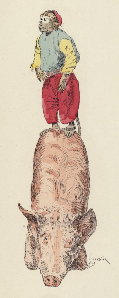 Opice na prasátku (barva litho) od Jules Arsene (after) Garnier
