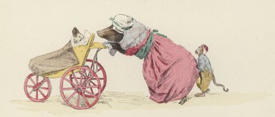 Prase tlačí psa v kočárku, za zády opice (barva litho) od Jules Arsene (after) Garnier