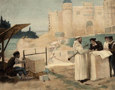 Bratr Jean, mnich z opatství Seuille, dohlíží na stavbu opatství Theleme. Gargantua. ilustrace Jules Garnier. In "Rabelais et l