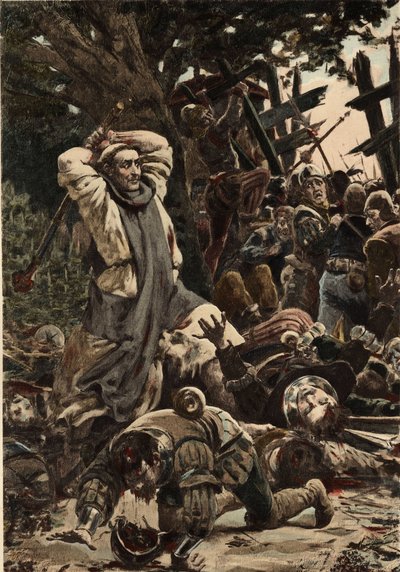 Bratr Jean, mnich z opatství Seuille, bije holí vojáky vojska Pikrochola, krále Lernského. Gargantua. ilustrace Jules Garnier. In "Rabelais et l