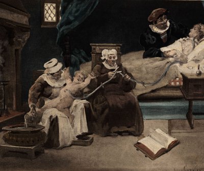 Gargamelle rodí Gargantuu za levé ucho. Gargantua. ilustrace Jules Garnier. In "Rabelais et l