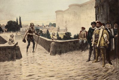 Panurge přechází po mostě Charanton v Paříži a setkává se s Pantagruelem. Pantagrue l. Ilustrace Jules Garnier. V knize "Rabelais et l