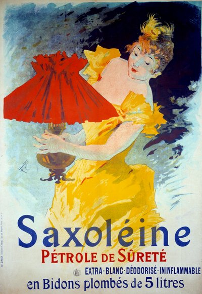 Reklamní plakát k produktu „Saxoleine Petrole de surete“: Žena dává olej do lampy. Reklamní plakát „Saxoleine“, olej do bezpečnostních lamp od Julese Chereta (1836-1932) od Jules Cheret