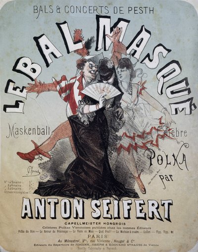 Ples a koncert Pesth: maškarní ples (Maskenball, slavná polka Antona Seiferta) - plakát Julese Chereta, n.d. od Jules Cheret