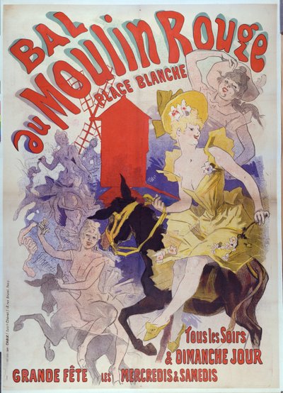 "Ples v Moulin Rouge, Place Blanche", 1889 (barevná litografie) od Jules Cheret