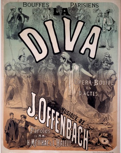 Plakát na operetu "Diva" zhudebněnou Jacquesem Offenbachem (1819-1880) v pařížském divadle Bouffes. od Jules Cheret