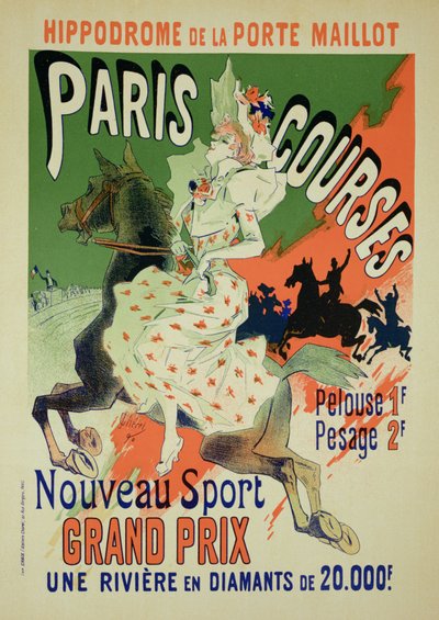 Reprodukce reklamního plakátu "Paris Courses", Hippodrome de la Porte Maillot, Paříž, 1890. od Jules Cheret